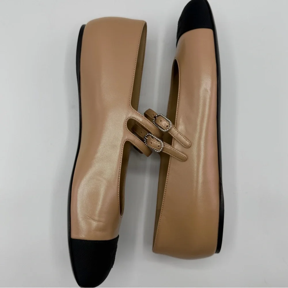 NEW NIB Chanel Beige Black Bicolor CC logo Cap Toe Mary Jane Buckle Ballet Flats - Picture 6 of 13